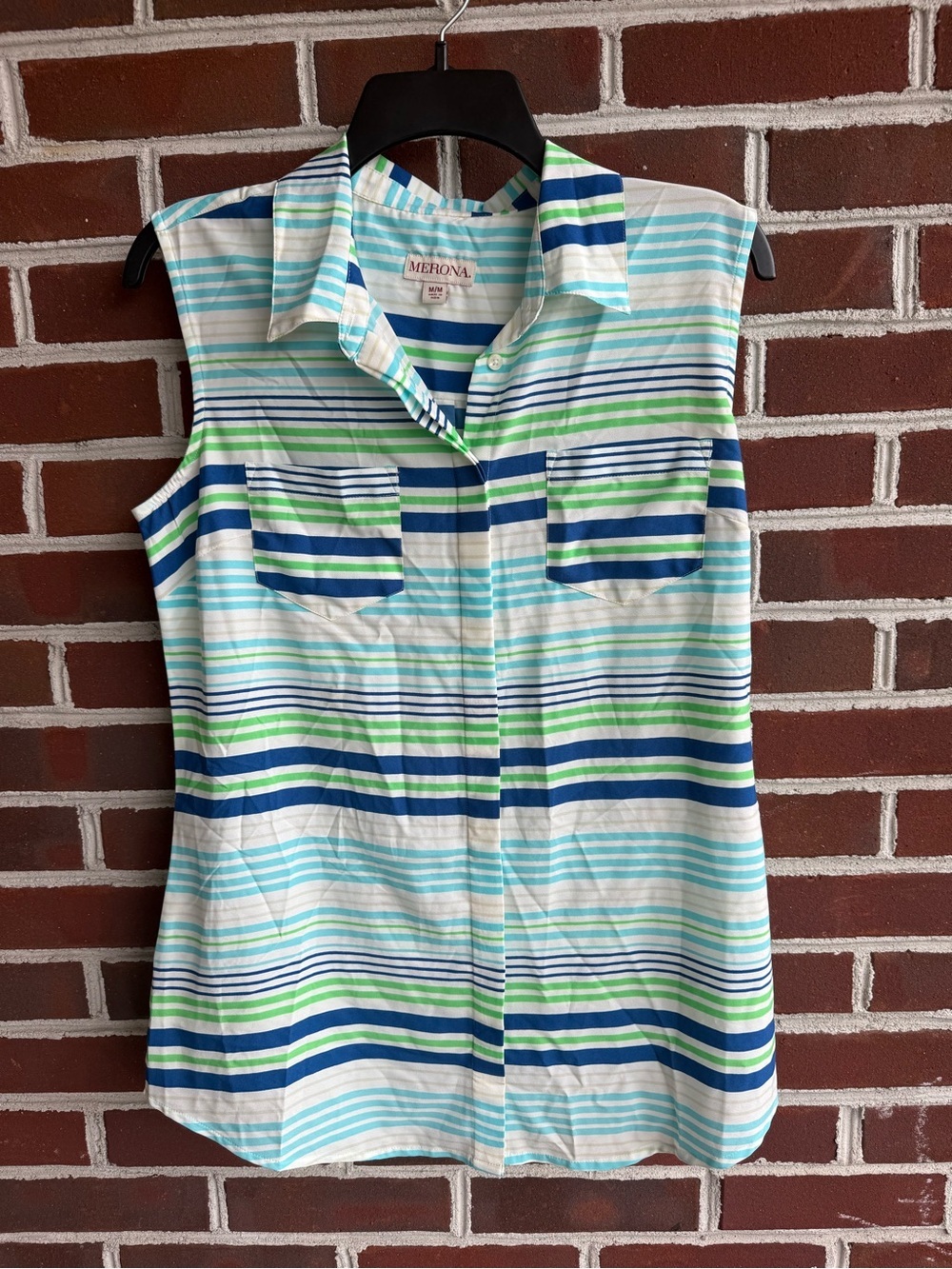 Merona Striped Collared Sleeveless Top in Blue, Aqua & Green